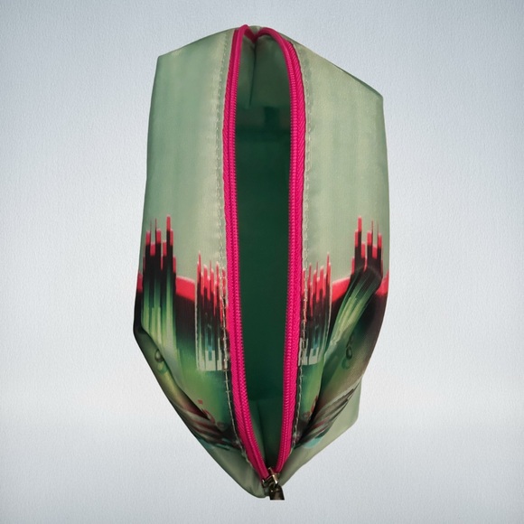 🆕*NWOT* CLINIQUE | Green rectangular fabric makeup pouch with pink zip - Picture 6 of 12